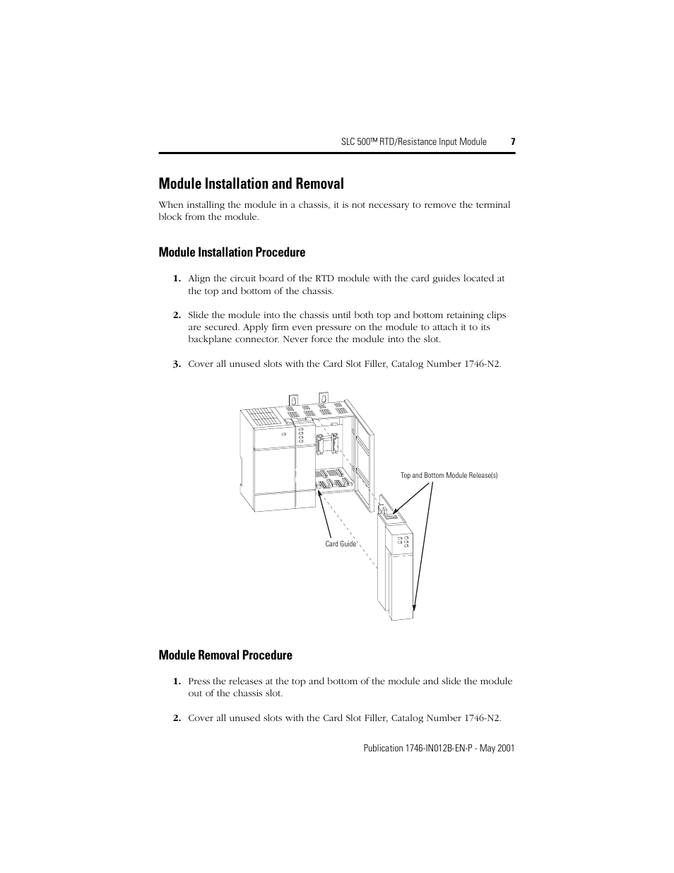 Module installation and removal, Module installation procedure, Module removal procedure | Rockwell Automation 1746-NR4 SLC 500 RTD/Resistance Input Module/ Instructions User Manual | Page 7 / 24