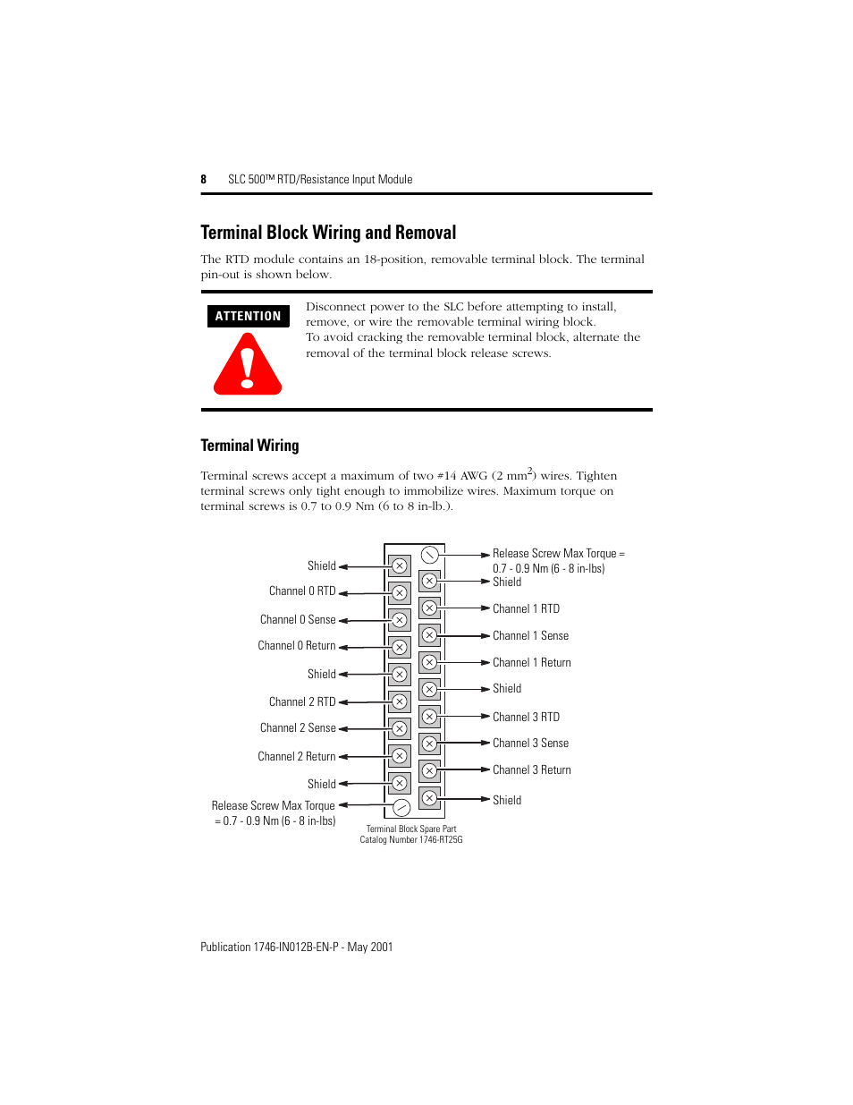 Terminal block wiring and removal | Rockwell Automation 1746-NR4 SLC 500 RTD/Resistance Input Module/ Instructions User Manual | Page 8 / 24