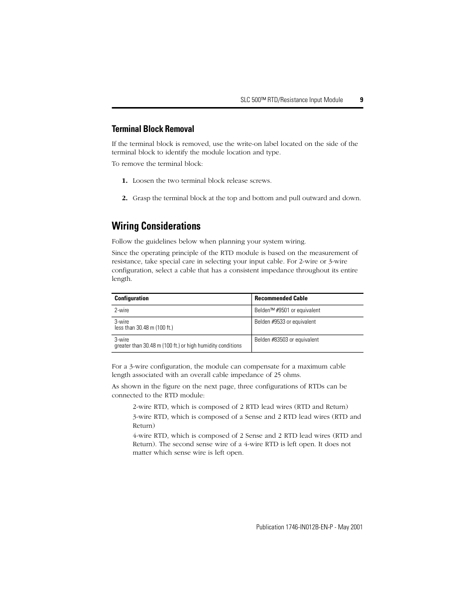 Wiring considerations, Terminal block removal | Rockwell Automation 1746-NR4 SLC 500 RTD/Resistance Input Module/ Instructions User Manual | Page 9 / 24