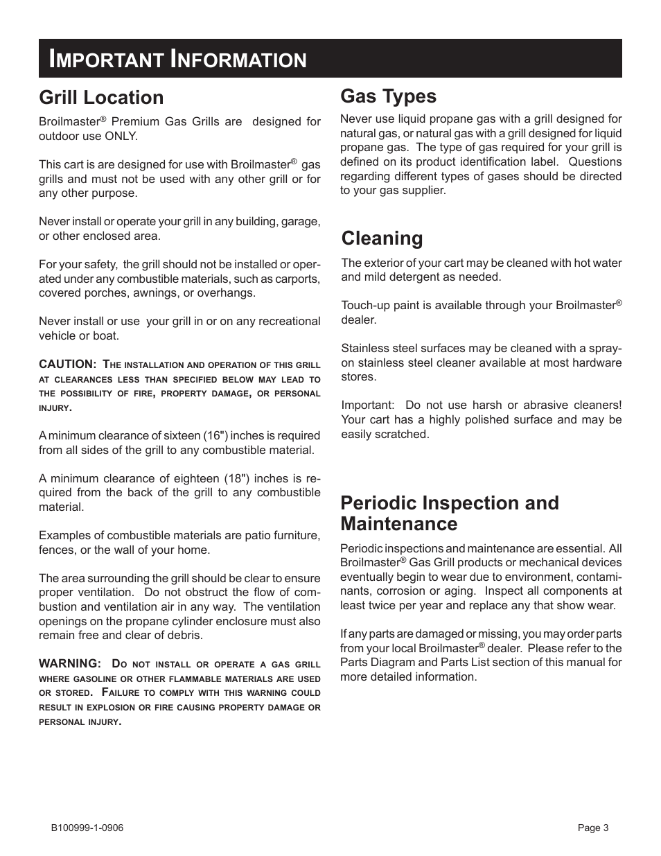 Periodic inspection and maintenance, Cleaning, Gas types | Grill location, Mportant, Nformation | Broilmaster DC2CART-1 User Manual | Page 3 / 12