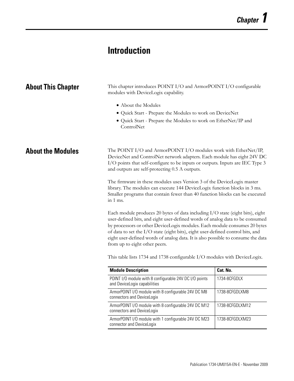 Chapter 1, Introduction, About this chapter | About the modules, About this chapter about the modules, Chapter | Rockwell Automation 1734-XXXX POINT I/O and ArmorPOINT I/O DeviceLogix User Manual User Manual | Page 11 / 112