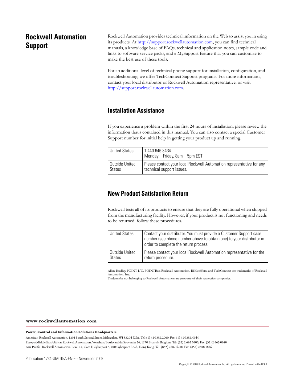 Installation assistance, New product satisfaction return, Back cover | Rockwell automation support | Rockwell Automation 1734-XXXX POINT I/O and ArmorPOINT I/O DeviceLogix User Manual User Manual | Page 112 / 112