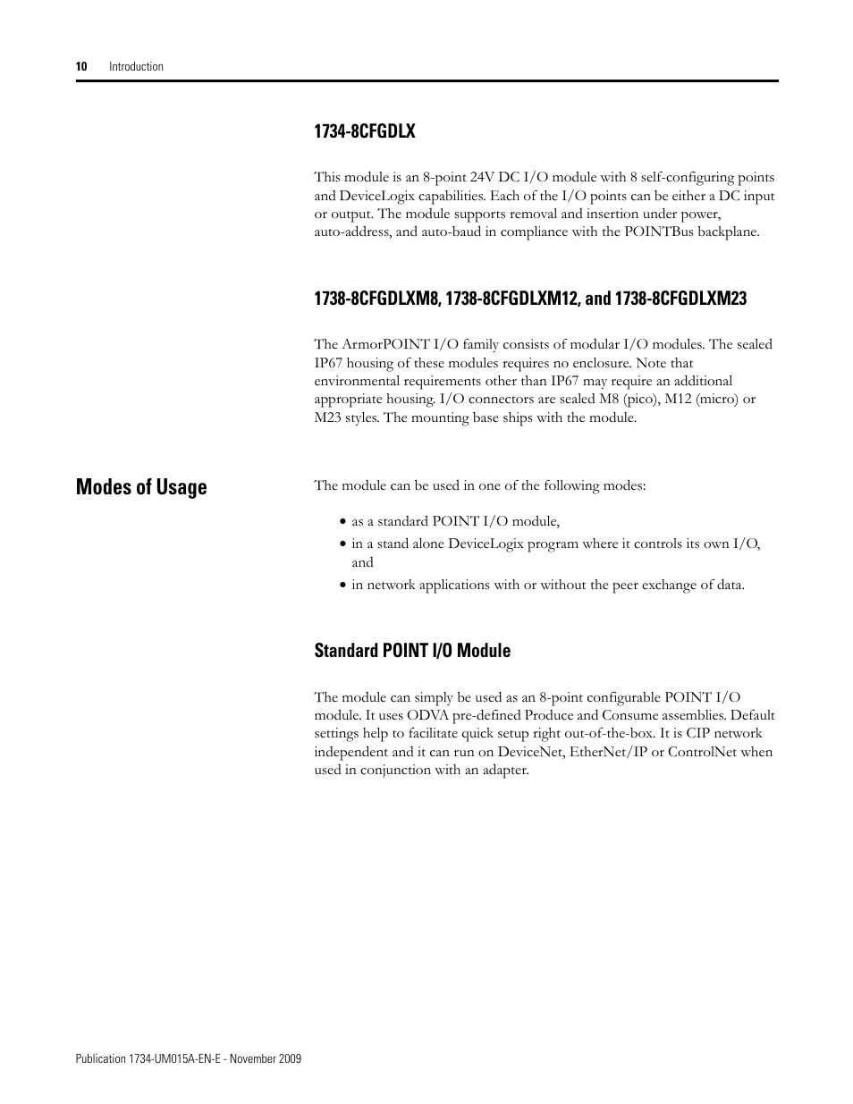 1734-8cfgdlx, Modes of usage, Standard point i/o module | Rockwell Automation 1734-XXXX POINT I/O and ArmorPOINT I/O DeviceLogix User Manual User Manual | Page 12 / 112