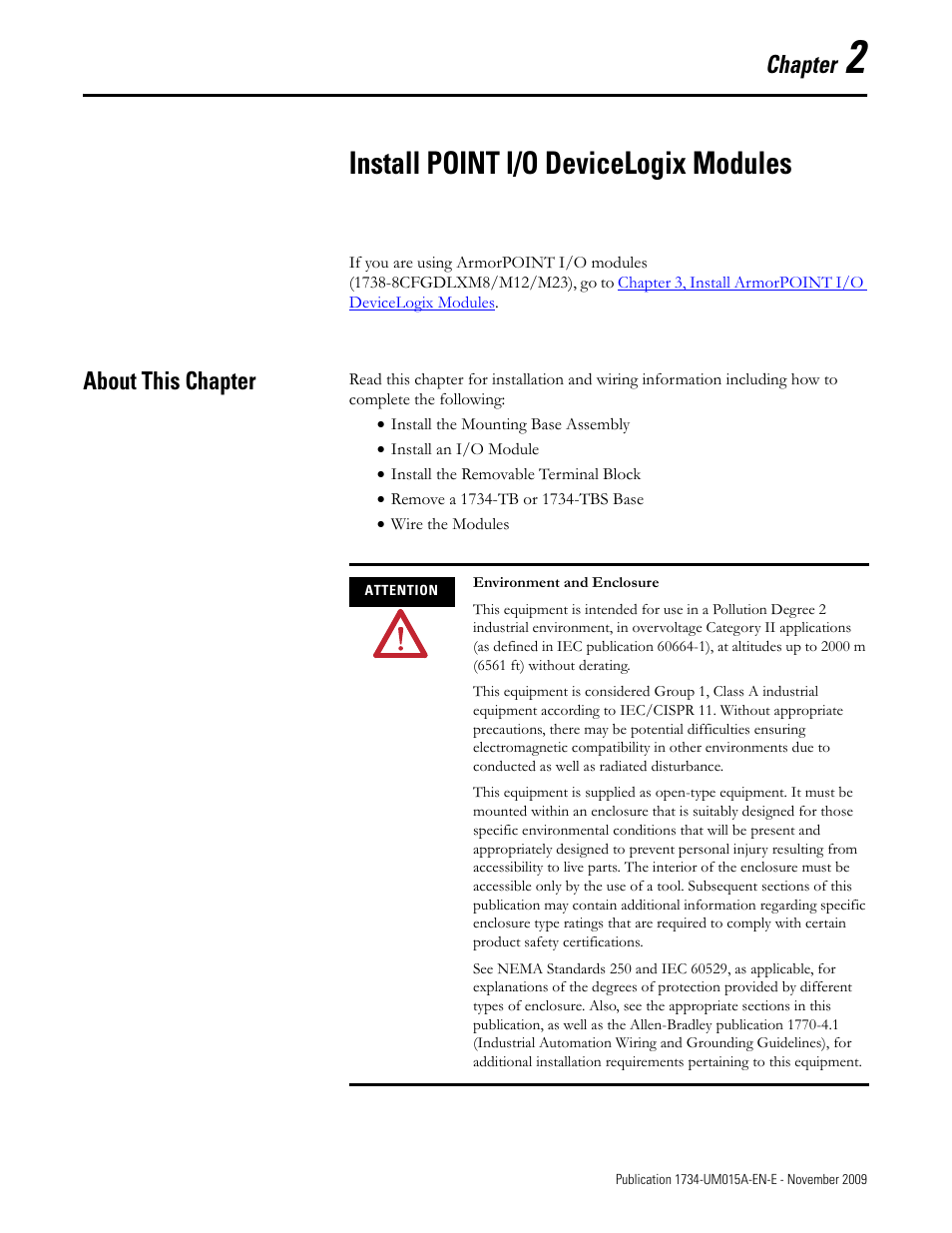 Chapter 2, Install point i/o devicelogix modules, About this chapter | Chapter | Rockwell Automation 1734-XXXX POINT I/O and ArmorPOINT I/O DeviceLogix User Manual User Manual | Page 17 / 112