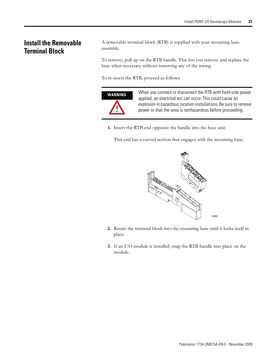 Install the removable terminal block | Rockwell Automation 1734-XXXX POINT I/O and ArmorPOINT I/O DeviceLogix User Manual User Manual | Page 23 / 112
