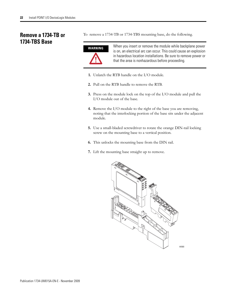 Remove a 1734-tb or 1734-tbs base | Rockwell Automation 1734-XXXX POINT I/O and ArmorPOINT I/O DeviceLogix User Manual User Manual | Page 24 / 112