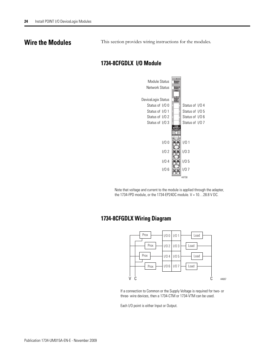 Wire the modules, 1734-8cfgdlx i/o module, 1734-8cfgdlx wiring diagram | Rockwell Automation 1734-XXXX POINT I/O and ArmorPOINT I/O DeviceLogix User Manual User Manual | Page 26 / 112