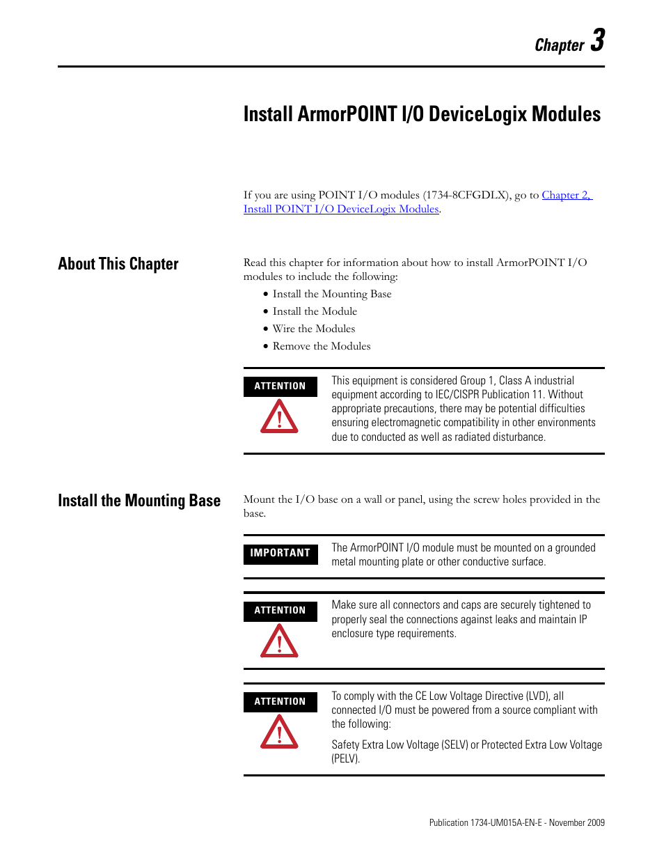 Chapter 3, Install armorpoint i/o devicelogix modules, About this chapter | Install the mounting base, About this chapter install the mounting base, Chapter 3, install armorpoint i/o, Devicelogix modules, Chapter | Rockwell Automation 1734-XXXX POINT I/O and ArmorPOINT I/O DeviceLogix User Manual User Manual | Page 29 / 112