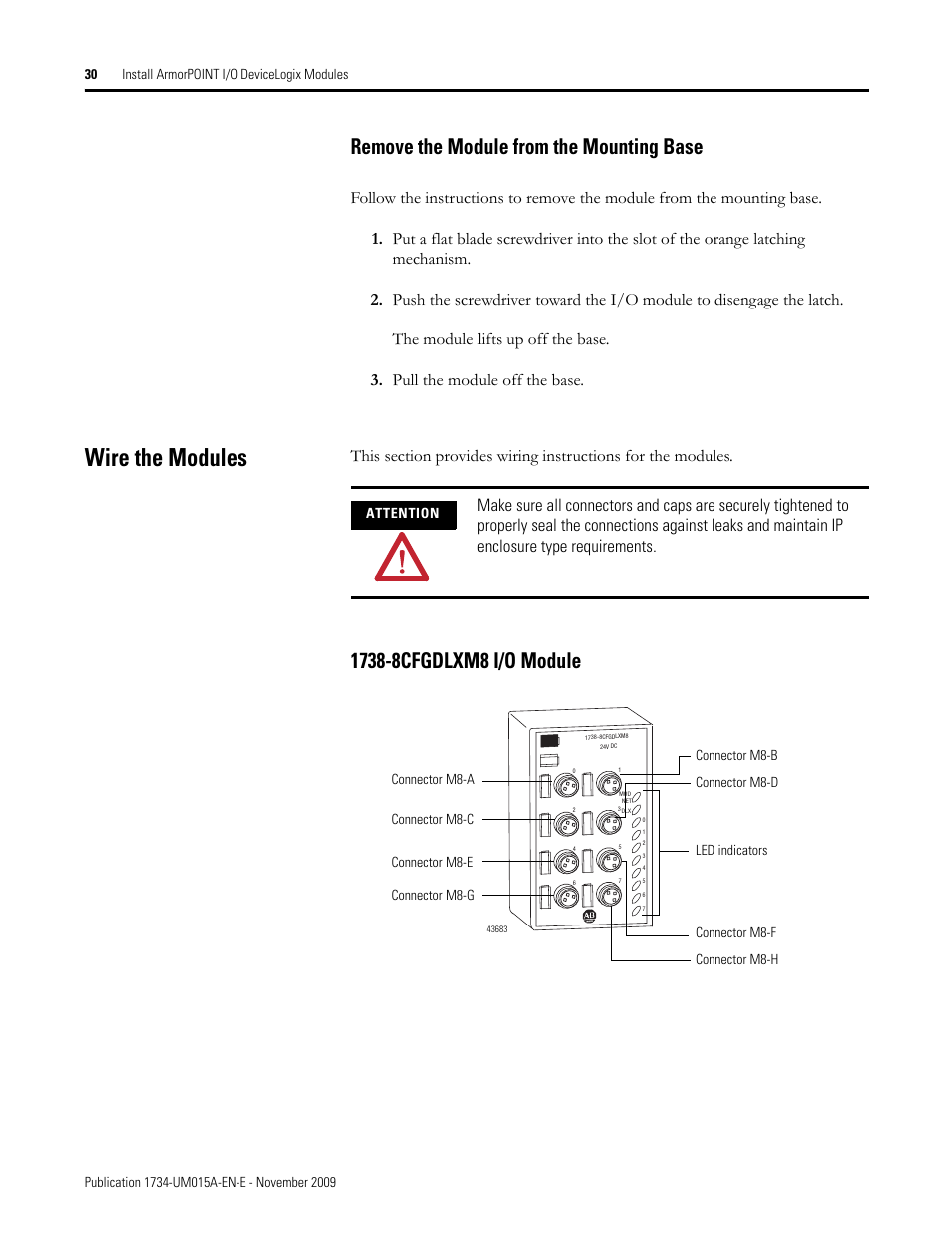 Remove the module from the mounting base, Wire the modules, 1738-8cfgdlxm8 i/o module | Rockwell Automation 1734-XXXX POINT I/O and ArmorPOINT I/O DeviceLogix User Manual User Manual | Page 32 / 112