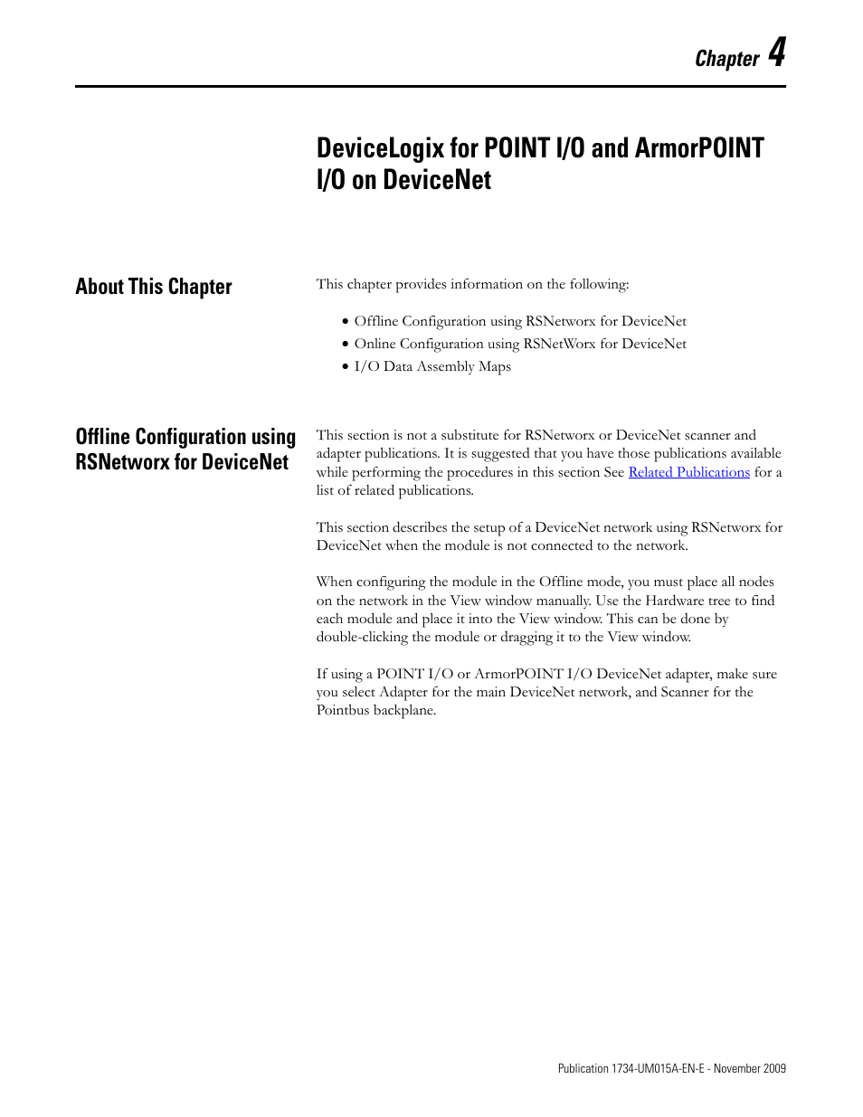 Chapter 4, About this chapter, Chapter | Rockwell Automation 1734-XXXX POINT I/O and ArmorPOINT I/O DeviceLogix User Manual User Manual | Page 35 / 112