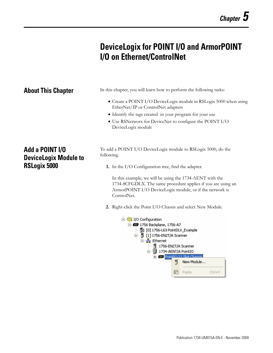 Chapter 5, About this chapter, Add a point i/o devicelogix module to rslogix 5000 | Chapter | Rockwell Automation 1734-XXXX POINT I/O and ArmorPOINT I/O DeviceLogix User Manual User Manual | Page 45 / 112