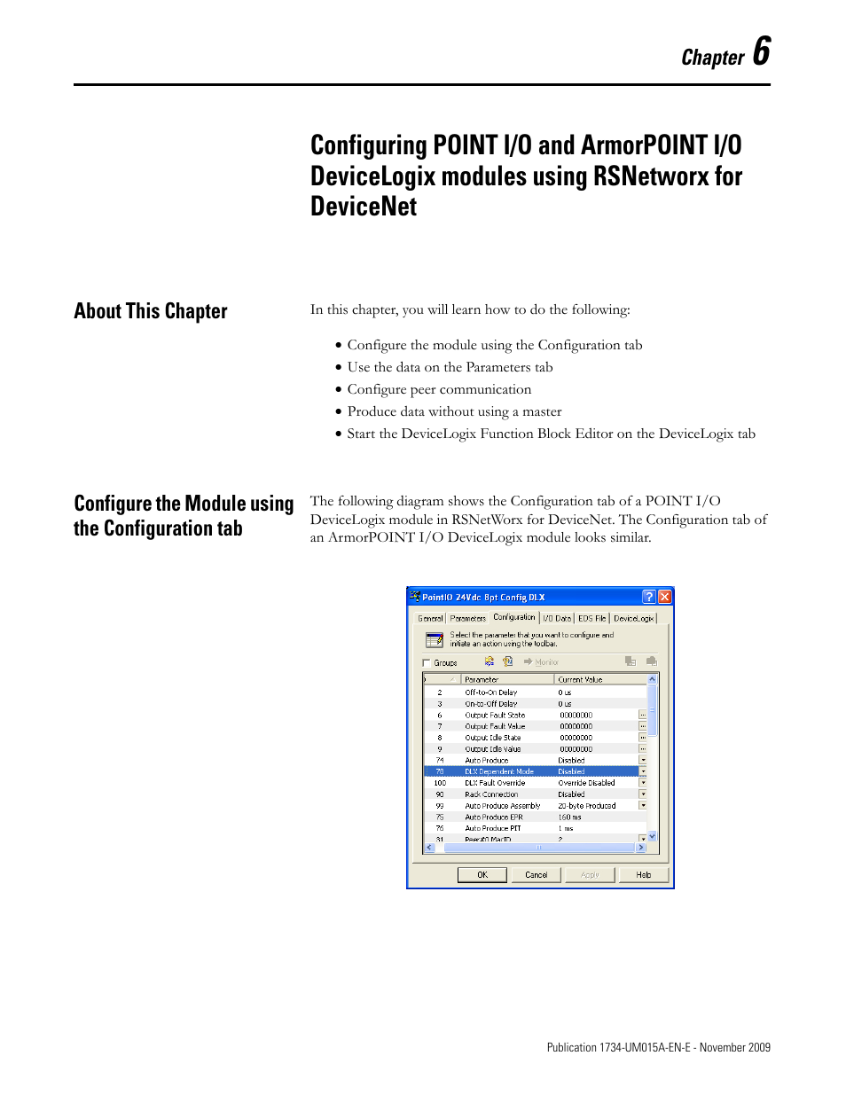 Chapter 6, About this chapter, Configure the module using the configuration tab | Modules using rsnetworx for devicenet, Points. see, Chapter | Rockwell Automation 1734-XXXX POINT I/O and ArmorPOINT I/O DeviceLogix User Manual User Manual | Page 51 / 112