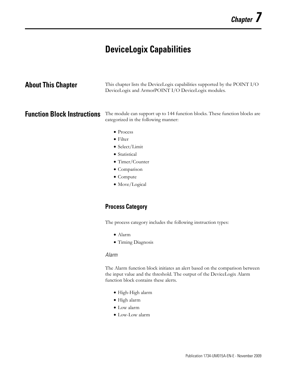Chapter 7, Devicelogix capabilities, About this chapter | Function block instructions, Process category, About this chapter function block instructions, Chapter | Rockwell Automation 1734-XXXX POINT I/O and ArmorPOINT I/O DeviceLogix User Manual User Manual | Page 65 / 112