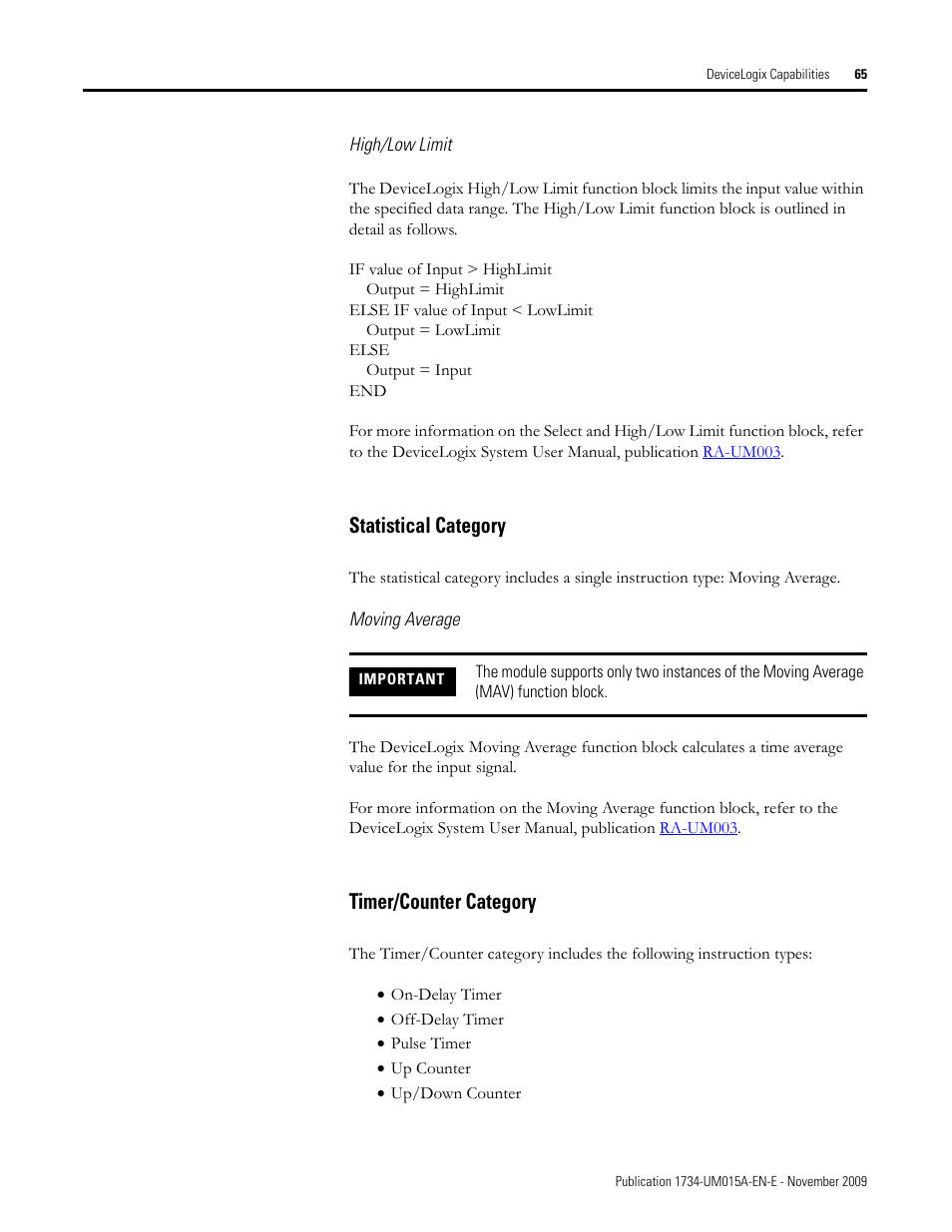 Statistical category, Timer/counter category, Statistical category timer/counter category | Rockwell Automation 1734-XXXX POINT I/O and ArmorPOINT I/O DeviceLogix User Manual User Manual | Page 67 / 112