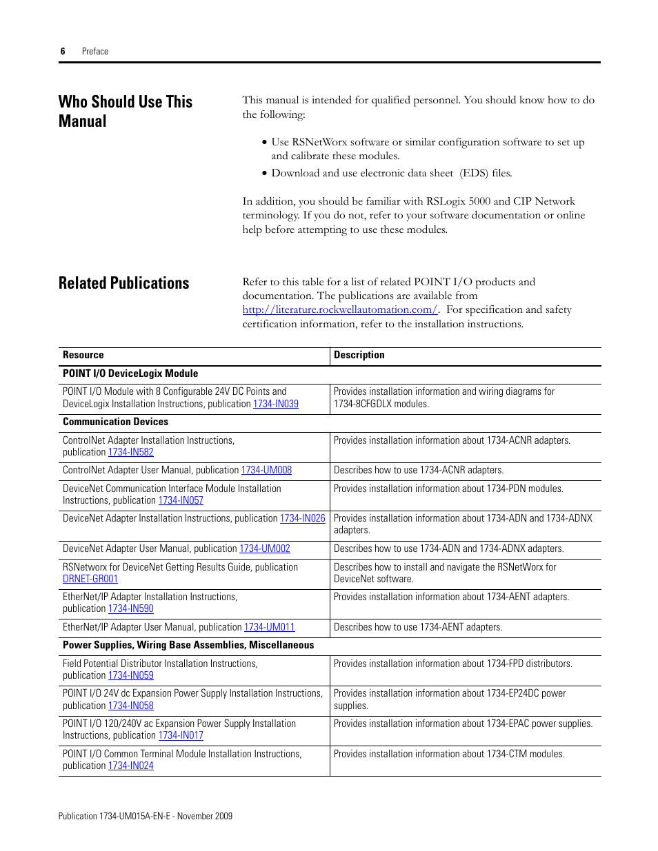 Who should use this manual, Related publications, Who should use this manual related publications | Rockwell Automation 1734-XXXX POINT I/O and ArmorPOINT I/O DeviceLogix User Manual User Manual | Page 8 / 112