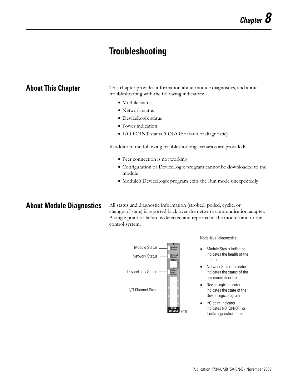 Chapter 8, Troubleshooting, About this chapter | About module diagnostics, About this chapter about module diagnostics, Chapter | Rockwell Automation 1734-XXXX POINT I/O and ArmorPOINT I/O DeviceLogix User Manual User Manual | Page 85 / 112