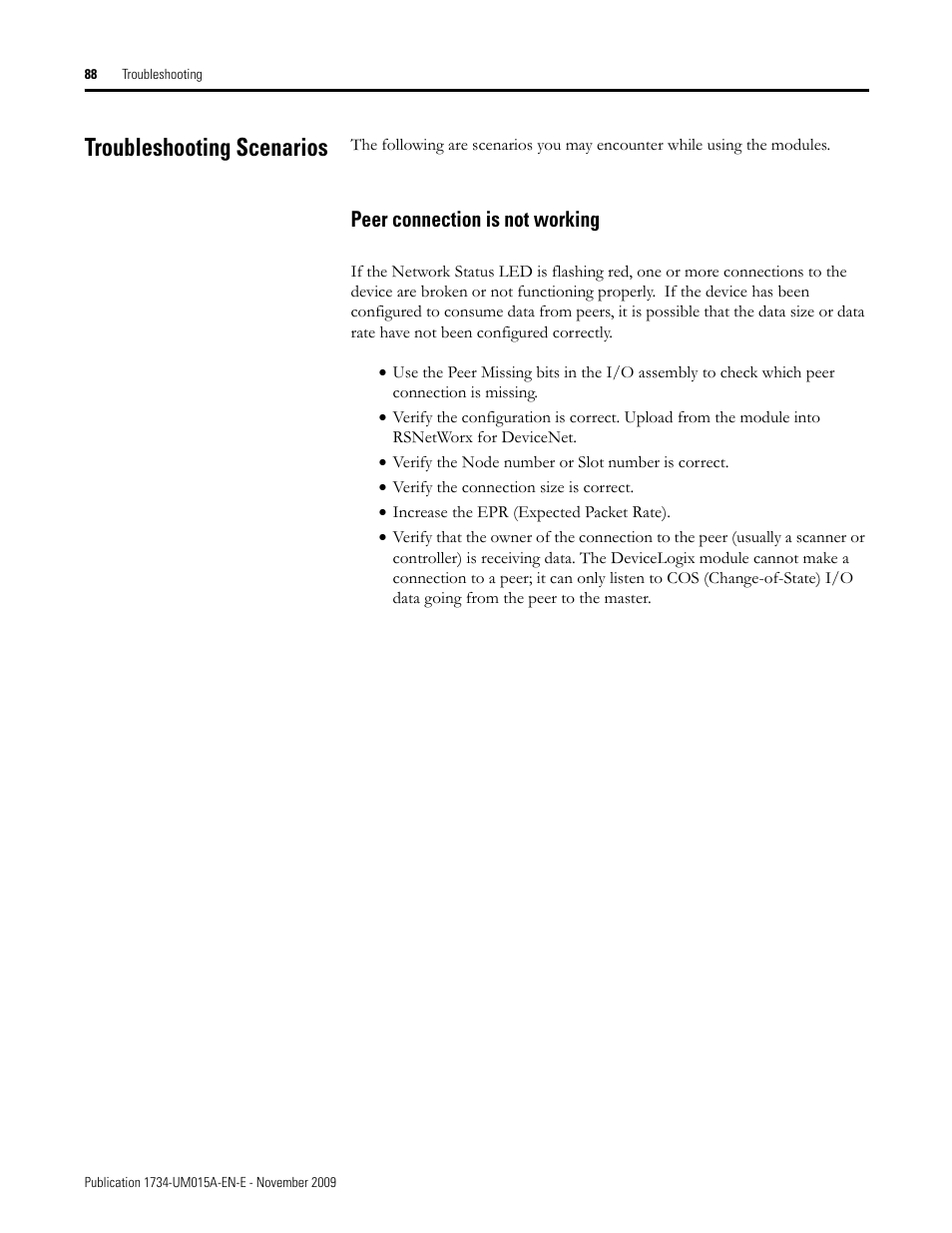 Troubleshooting scenarios, Peer connection is not working | Rockwell Automation 1734-XXXX POINT I/O and ArmorPOINT I/O DeviceLogix User Manual User Manual | Page 90 / 112