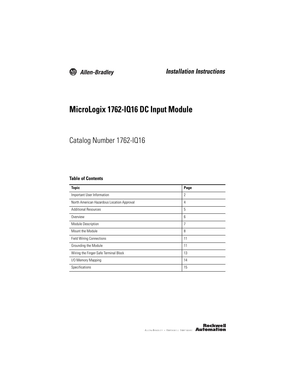 Rockwell Automation 1762-IQ16 DC Input Module User Manual | 20 pages