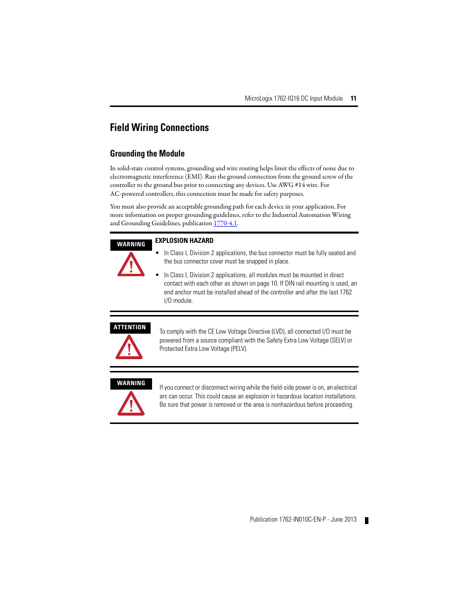 Grounding the module, Field wiring connections | Rockwell Automation 1762-IQ16 DC Input Module User Manual | Page 11 / 20