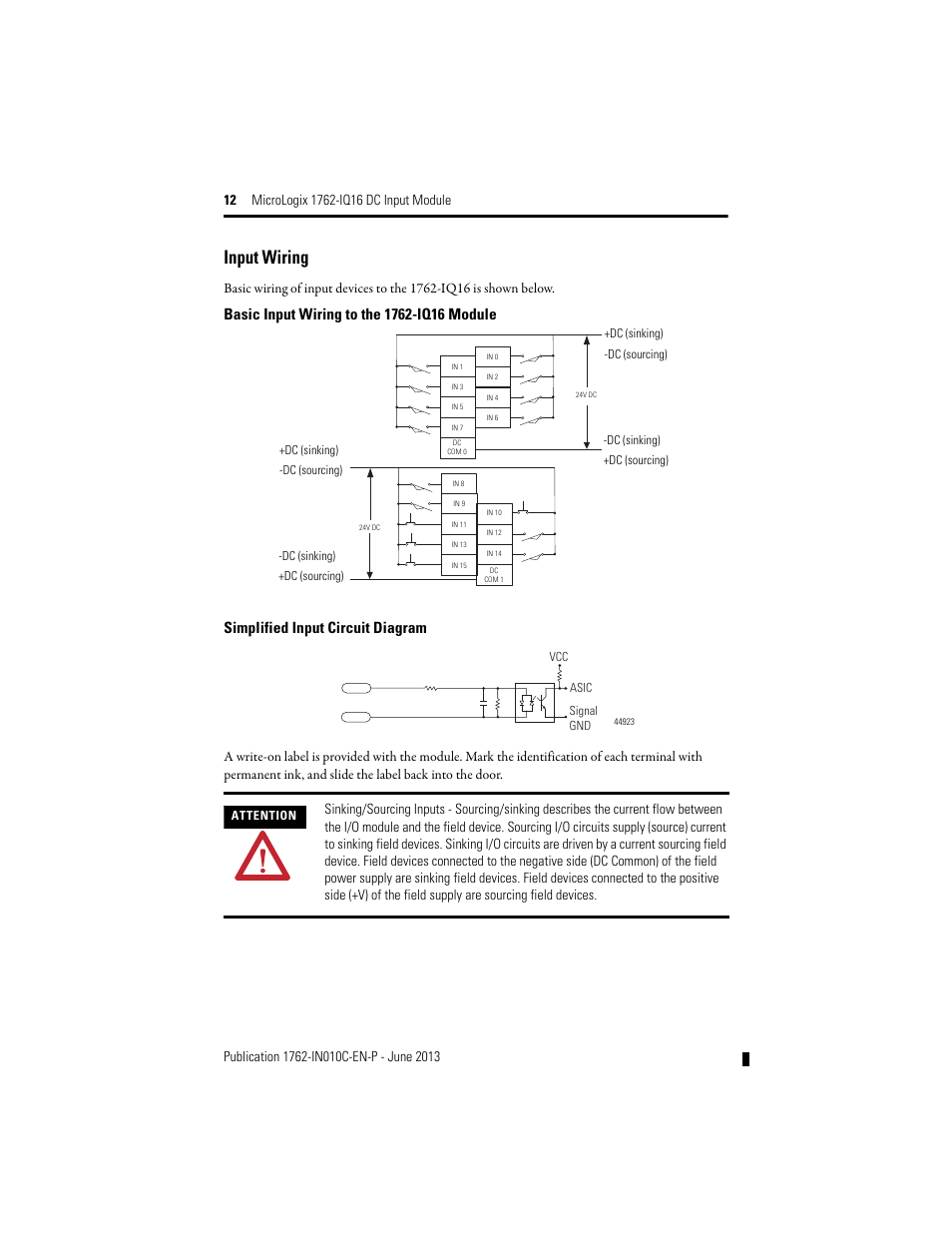 Input wiring, Simplified input circuit diagram | Rockwell Automation 1762-IQ16 DC Input Module User Manual | Page 12 / 20