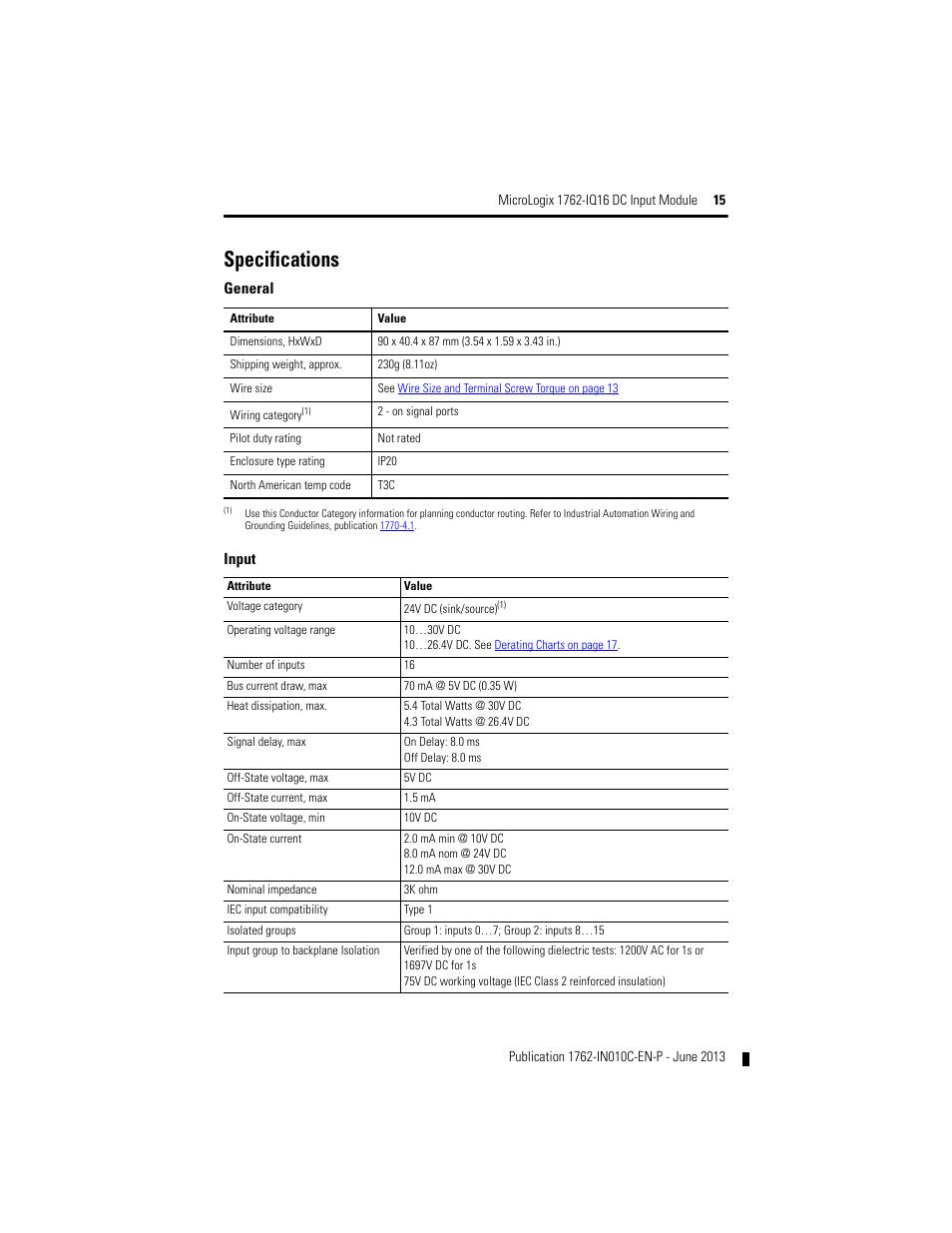 Specifications | Rockwell Automation 1762-IQ16 DC Input Module User Manual | Page 15 / 20