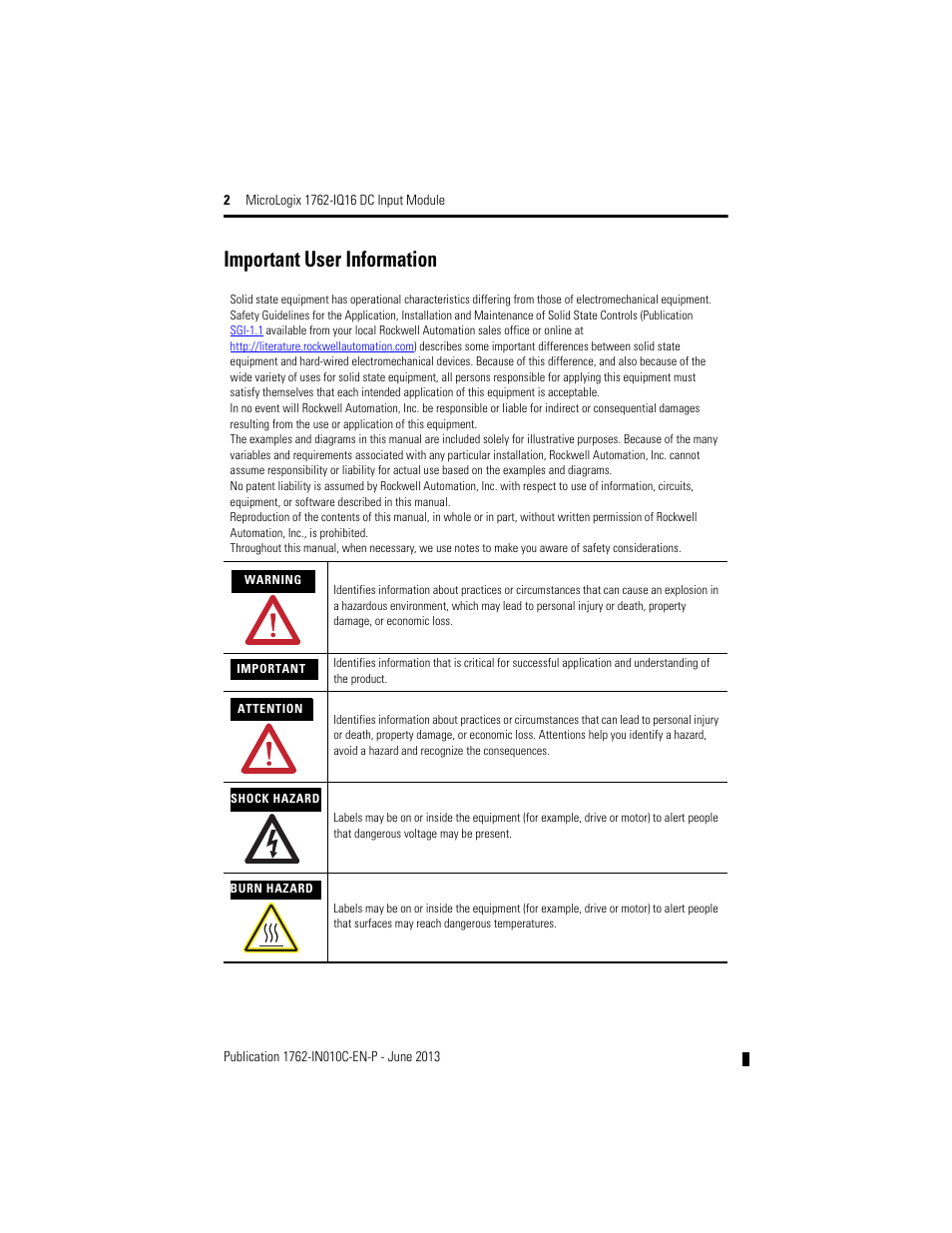 Important user information | Rockwell Automation 1762-IQ16 DC Input Module User Manual | Page 2 / 20