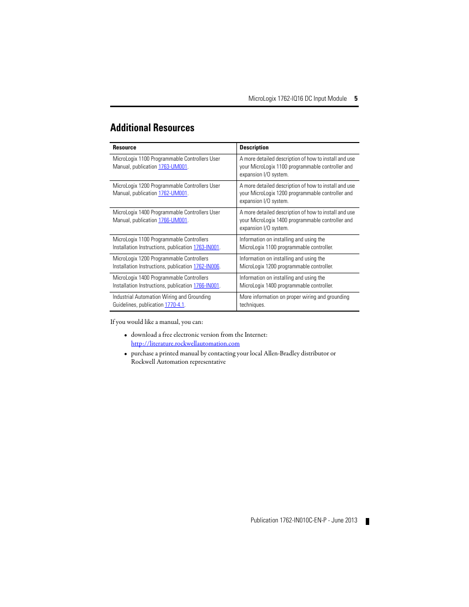 Additional resources | Rockwell Automation 1762-IQ16 DC Input Module User Manual | Page 5 / 20