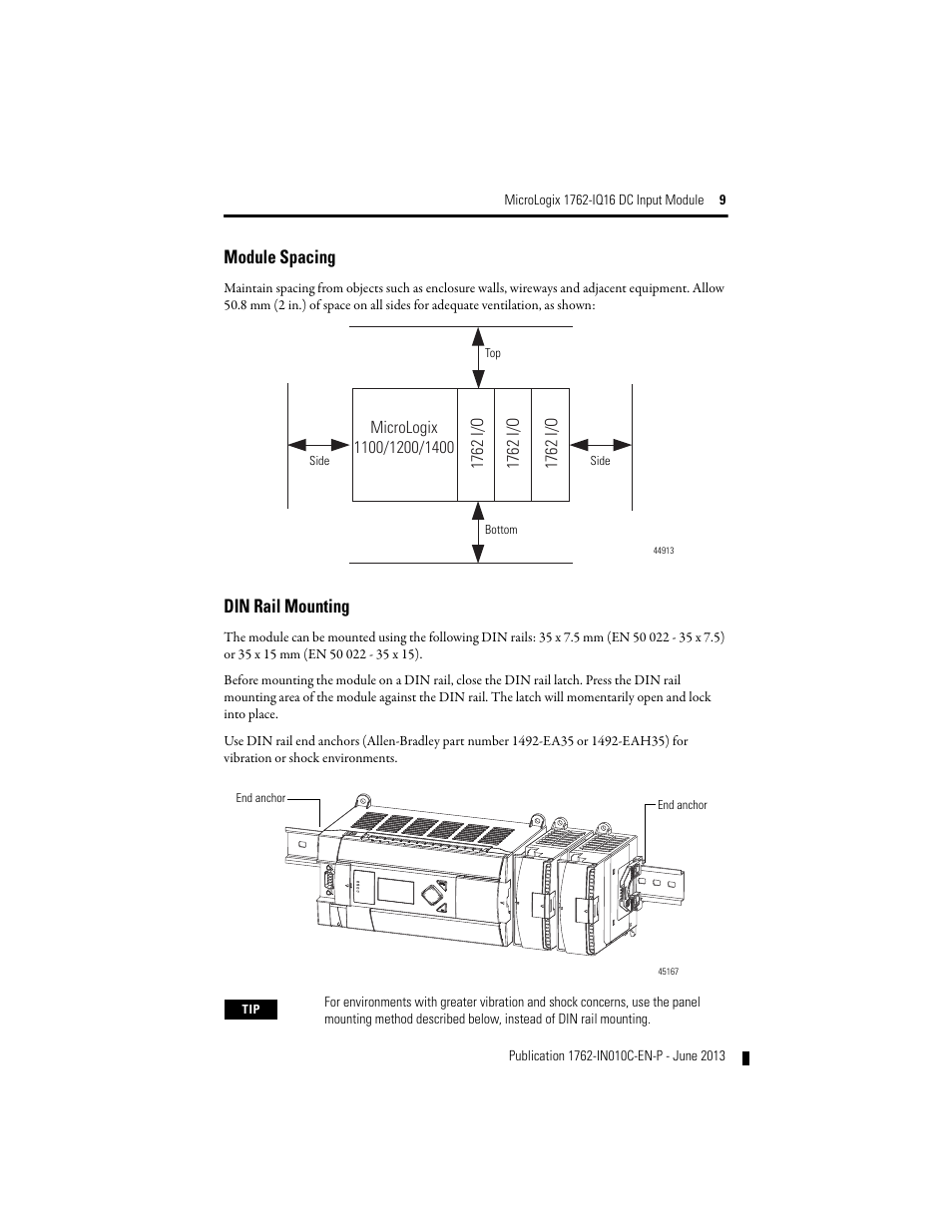 Module spacing, Din rail mounting | Rockwell Automation 1762-IQ16 DC Input Module User Manual | Page 9 / 20