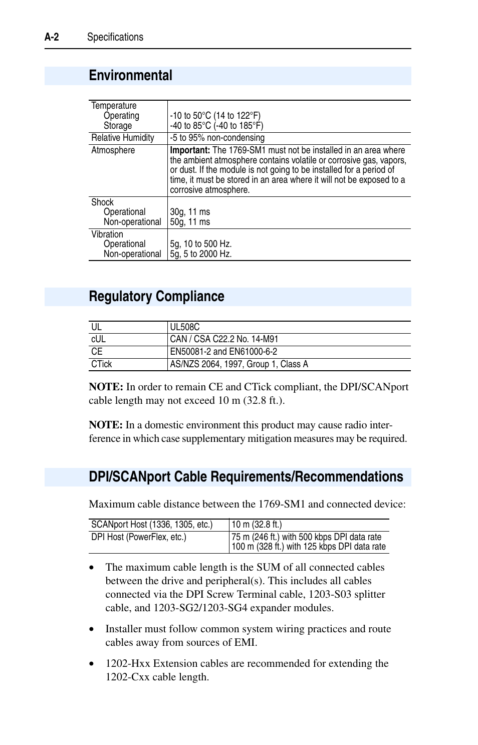 Environmental, Regulatory compliance, Dpi/scanport cable requirements/recommendations | Regulatory compliance on, Dpi/scanport cable requirements/recommendations on | Rockwell Automation 1769-SM1 Compact I/O to DPI/SCANport Module User Manual | Page 118 / 176