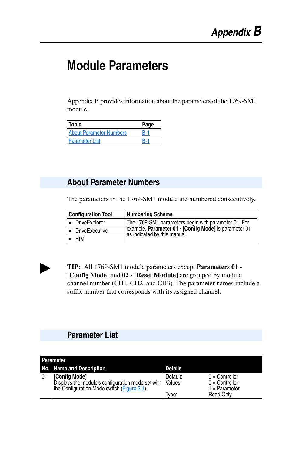 Appendix b, Module parameters, About parameter numbers | Parameter list, Meters, refer to, Bmodule parameters | Rockwell Automation 1769-SM1 Compact I/O to DPI/SCANport Module User Manual | Page 119 / 176