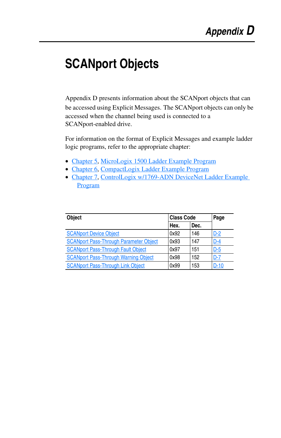 Appendix d, Scanport objects, Dscanport objects | Appendix | Rockwell Automation 1769-SM1 Compact I/O to DPI/SCANport Module User Manual | Page 145 / 176