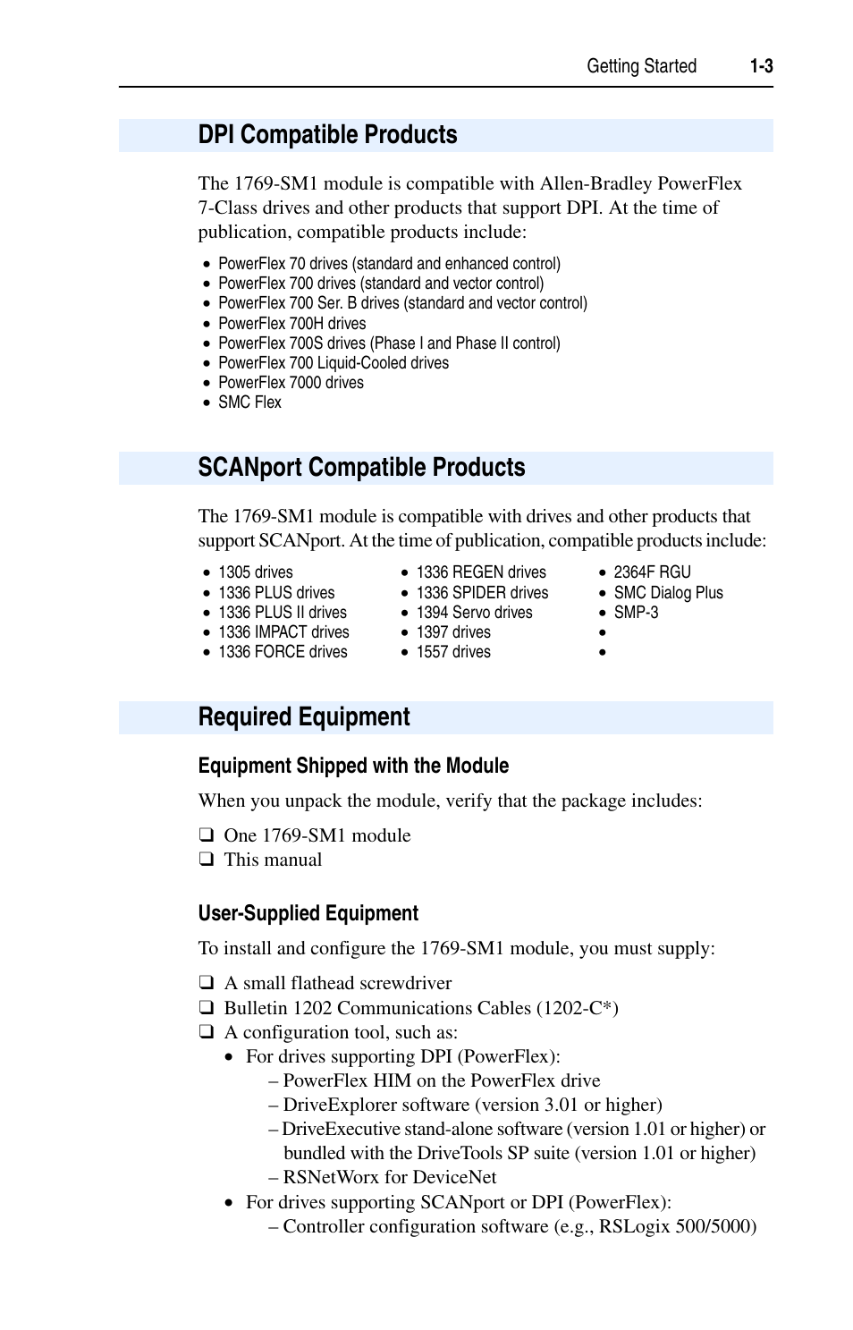 Dpi compatible products, Scanport compatible products, Required equipment | Rockwell Automation 1769-SM1 Compact I/O to DPI/SCANport Module User Manual | Page 15 / 176