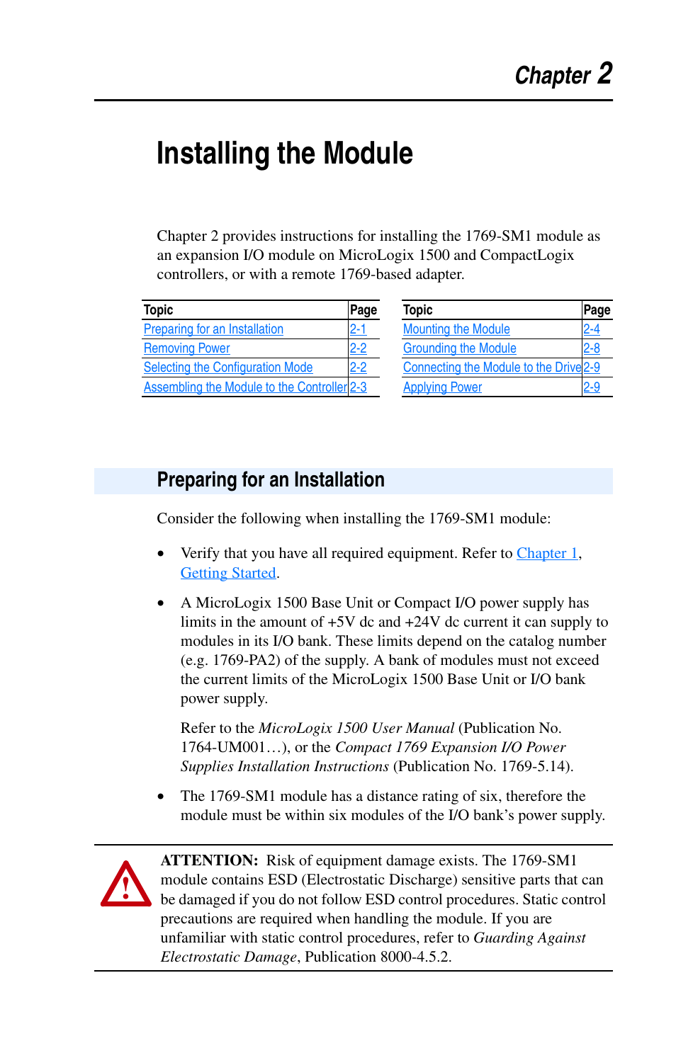 Chapter 2, Installing the module, Preparing for an installation | 2installing the module | Rockwell Automation 1769-SM1 Compact I/O to DPI/SCANport Module User Manual | Page 21 / 176