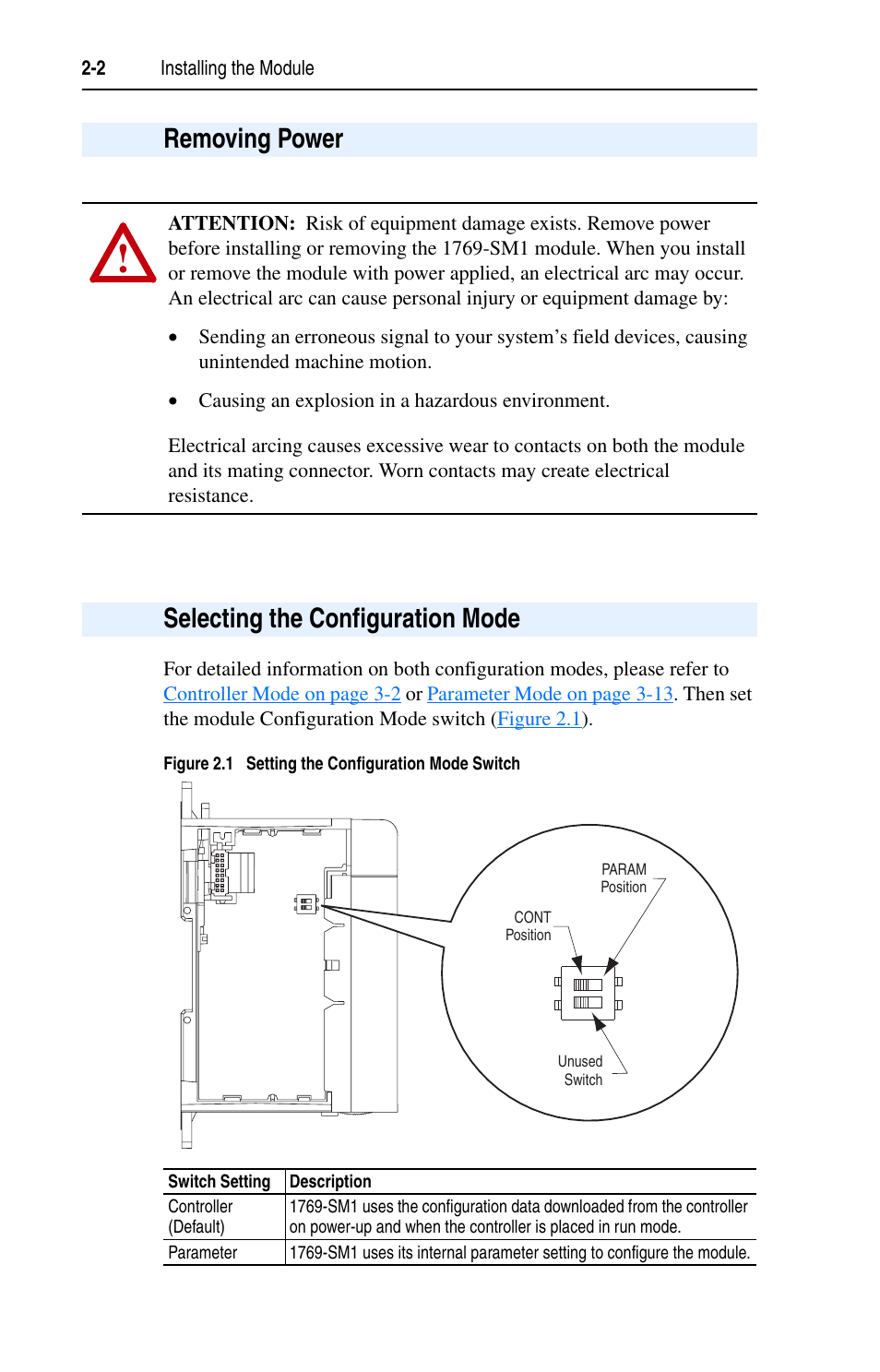 Removing power, Selecting the configuration mode | Rockwell Automation 1769-SM1 Compact I/O to DPI/SCANport Module User Manual | Page 22 / 176