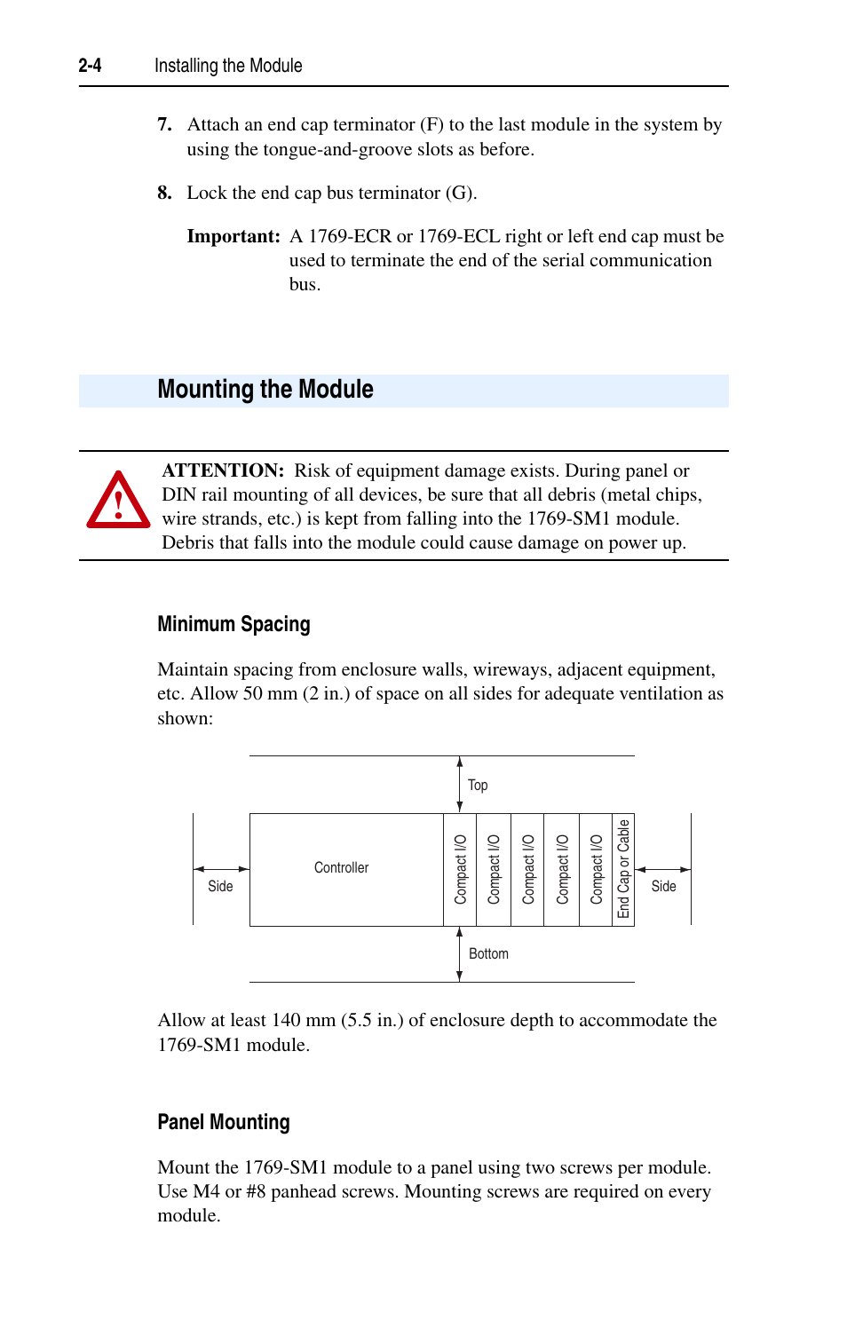Mounting the module, Mounting instructions, see, Panel | Rockwell Automation 1769-SM1 Compact I/O to DPI/SCANport Module User Manual | Page 24 / 176