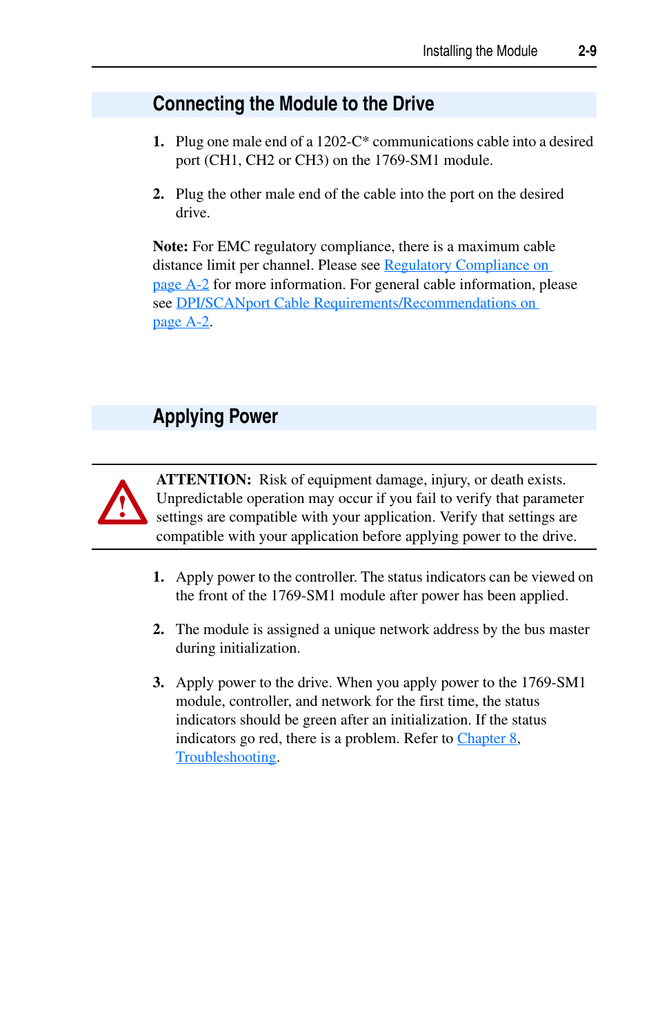 Connecting the module to the drive, Applying power, Connecting the module to the drive 2-9 | Rockwell Automation 1769-SM1 Compact I/O to DPI/SCANport Module User Manual | Page 29 / 176