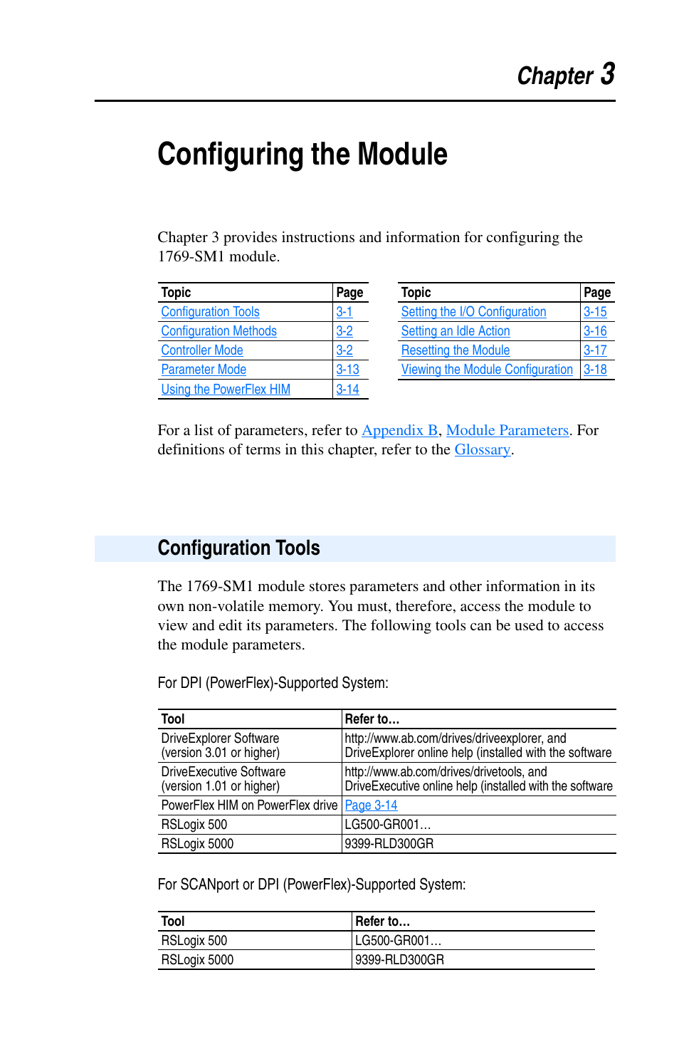 Chapter 3, Configuring the module, Configuration tools | 3configuring the module, Chapter | Rockwell Automation 1769-SM1 Compact I/O to DPI/SCANport Module User Manual | Page 31 / 176