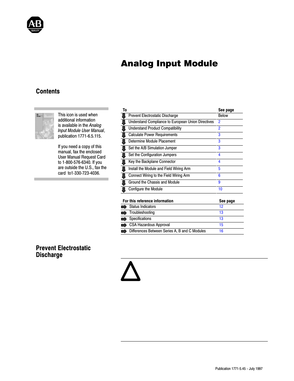 Rockwell Automation 1771-IFE/C INSTL.INSTRUCTIONS ANALOG INPU User Manual | 16 pages