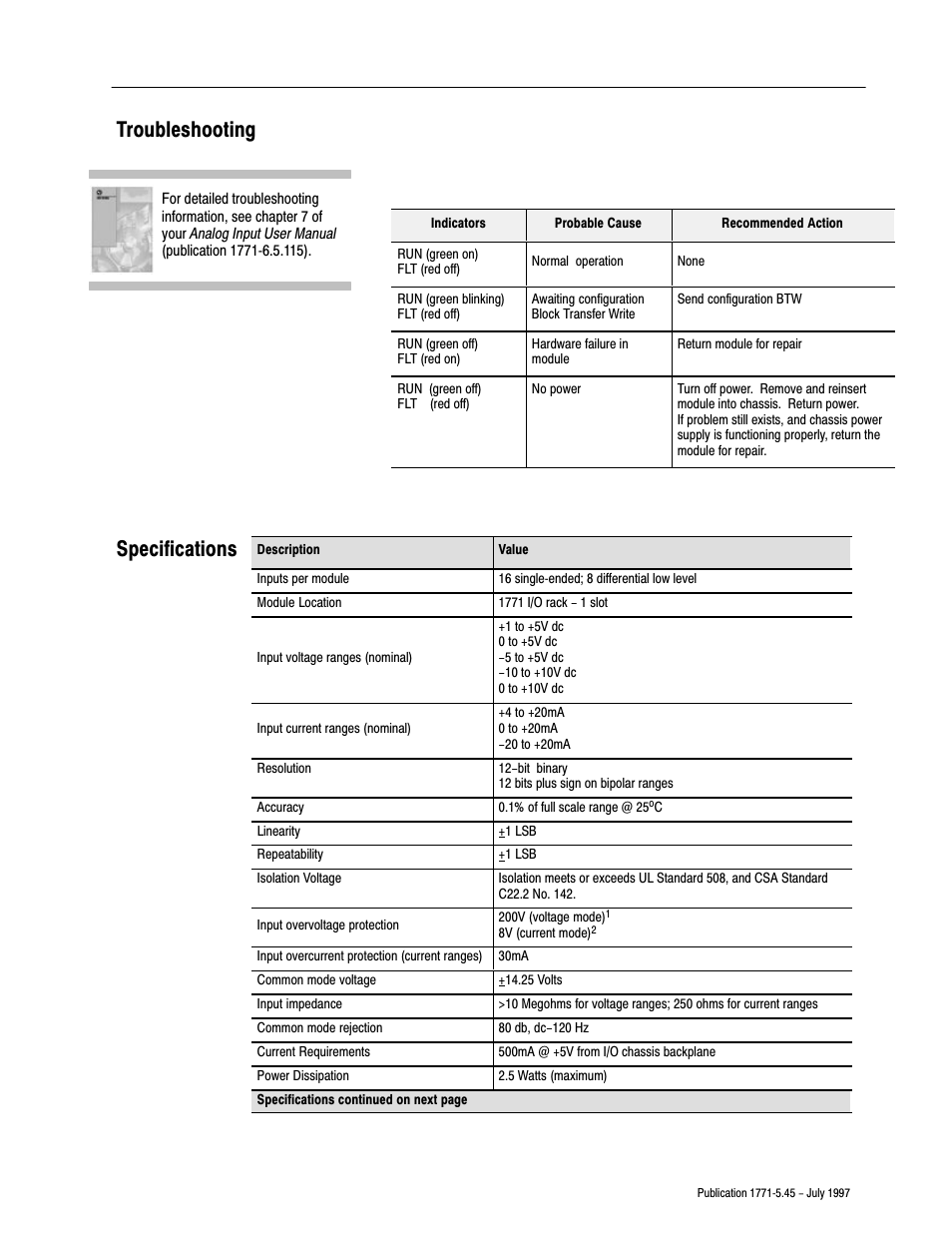 Troubleshooting, Specifications, Troubleshooting specifications | Rockwell Automation 1771-IFE/C INSTL.INSTRUCTIONS ANALOG INPU User Manual | Page 13 / 16