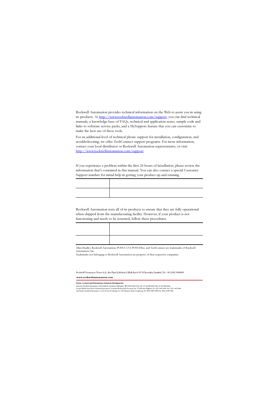 Back cover, Rockwell automation support, Installation assistance | New product satisfaction return | Rockwell Automation 1734-IE4C POINT I/O 4 Channel High Density Current Input Module Installat User Manual | Page 24 / 24