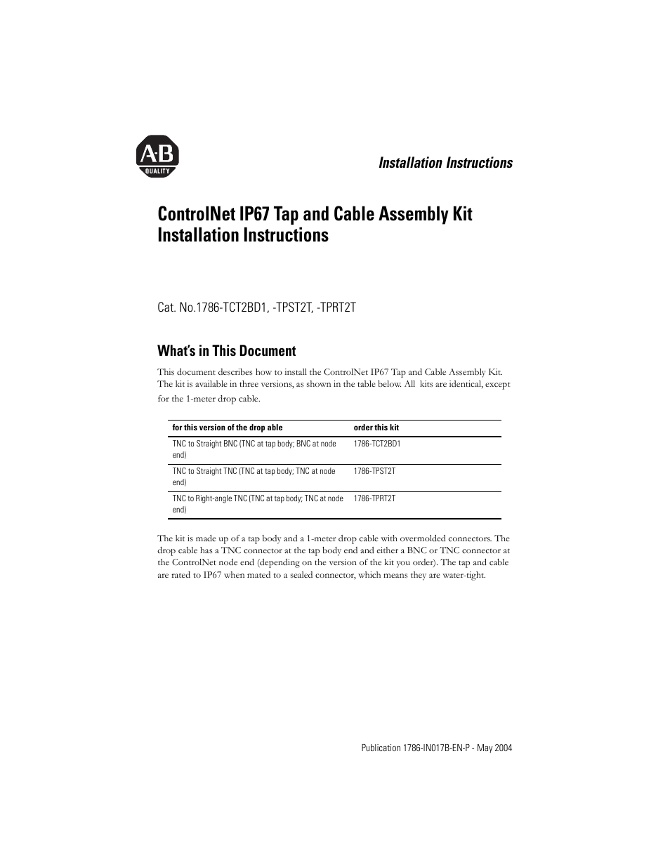 Rockwell Automation 1786-TPST2T ControlNet IP67 Tap and Cable Assembly Kit Installation Instructions User Manual | 16 pages