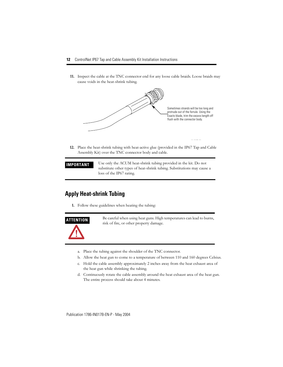 Apply heat-shrink tubing | Rockwell Automation 1786-TPST2T ControlNet IP67 Tap and Cable Assembly Kit Installation Instructions User Manual | Page 12 / 16