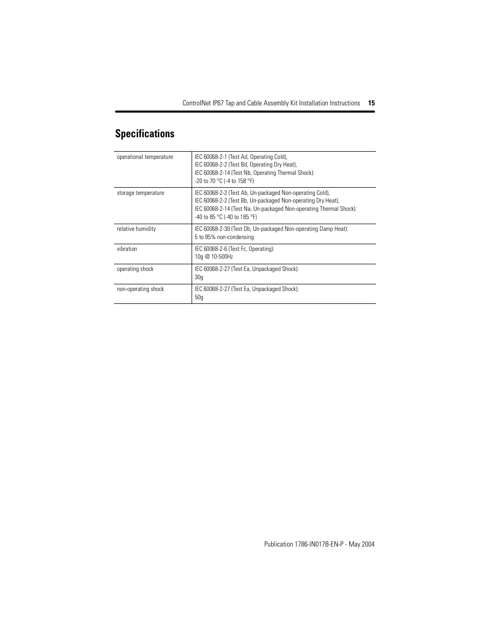 Specifications | Rockwell Automation 1786-TPST2T ControlNet IP67 Tap and Cable Assembly Kit Installation Instructions User Manual | Page 15 / 16