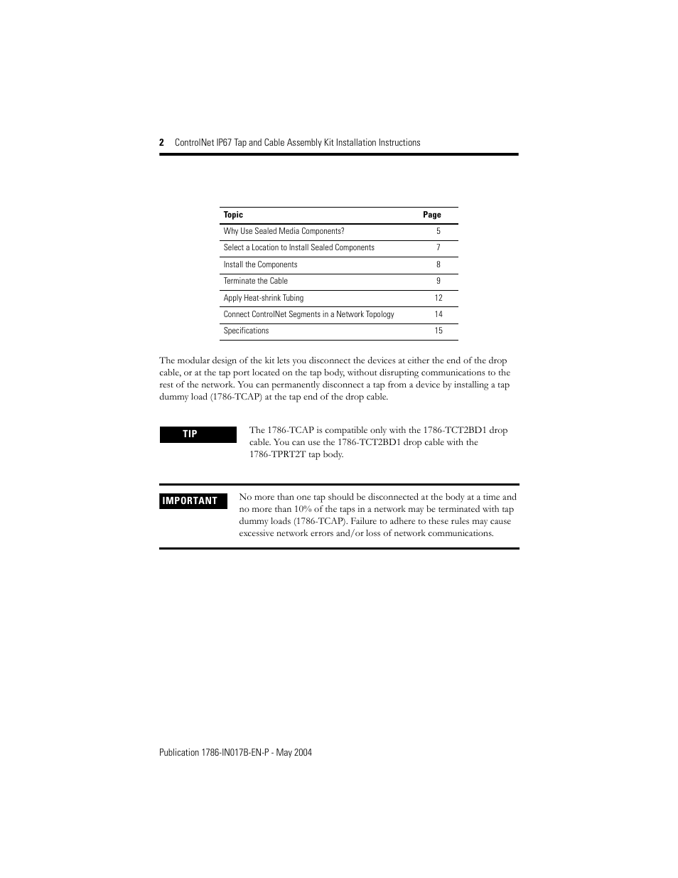 Rockwell Automation 1786-TPST2T ControlNet IP67 Tap and Cable Assembly Kit Installation Instructions User Manual | Page 2 / 16