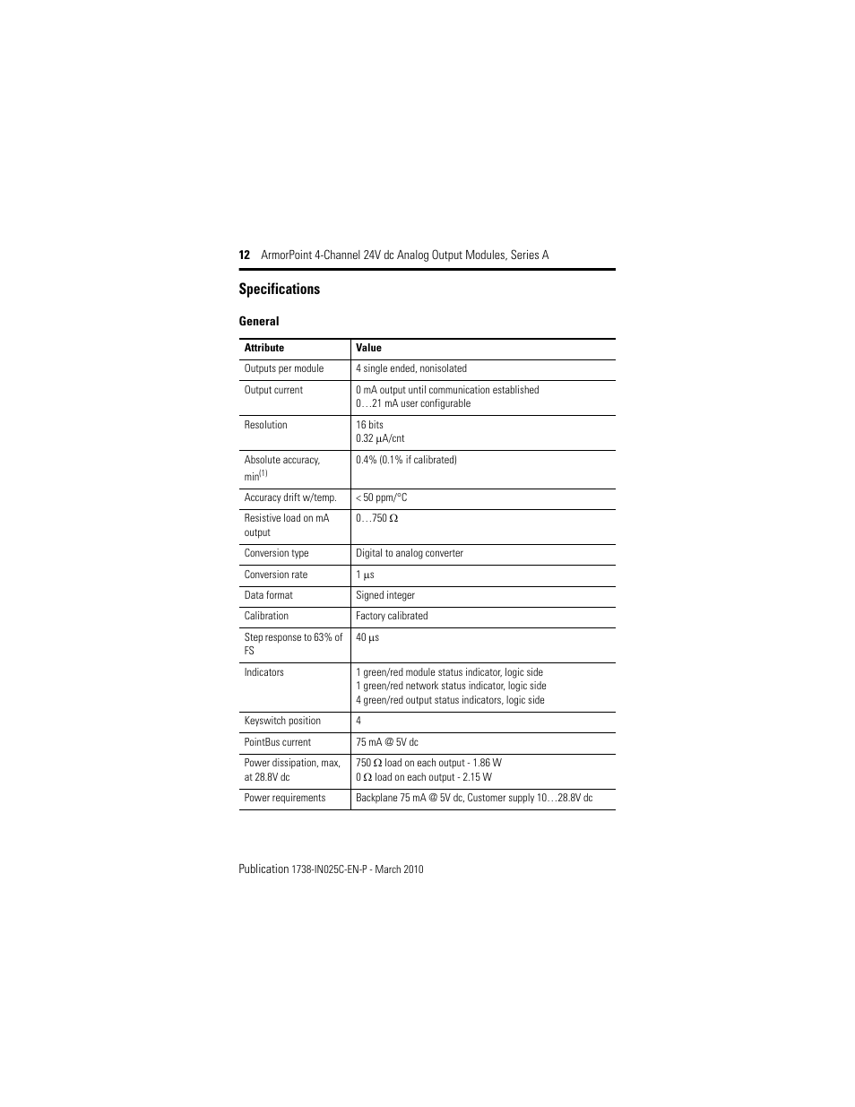 Specifications | Rockwell Automation 1738-OE4CM12 ArmorPoint 4-Channel 24V dc Analog Output Modules, Series A User Manual | Page 12 / 16