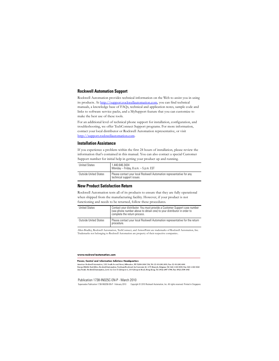 Back cover, Rockwell automation support, Installation assistance | New product satisfaction return | Rockwell Automation 1738-OE4CM12 ArmorPoint 4-Channel 24V dc Analog Output Modules, Series A User Manual | Page 16 / 16