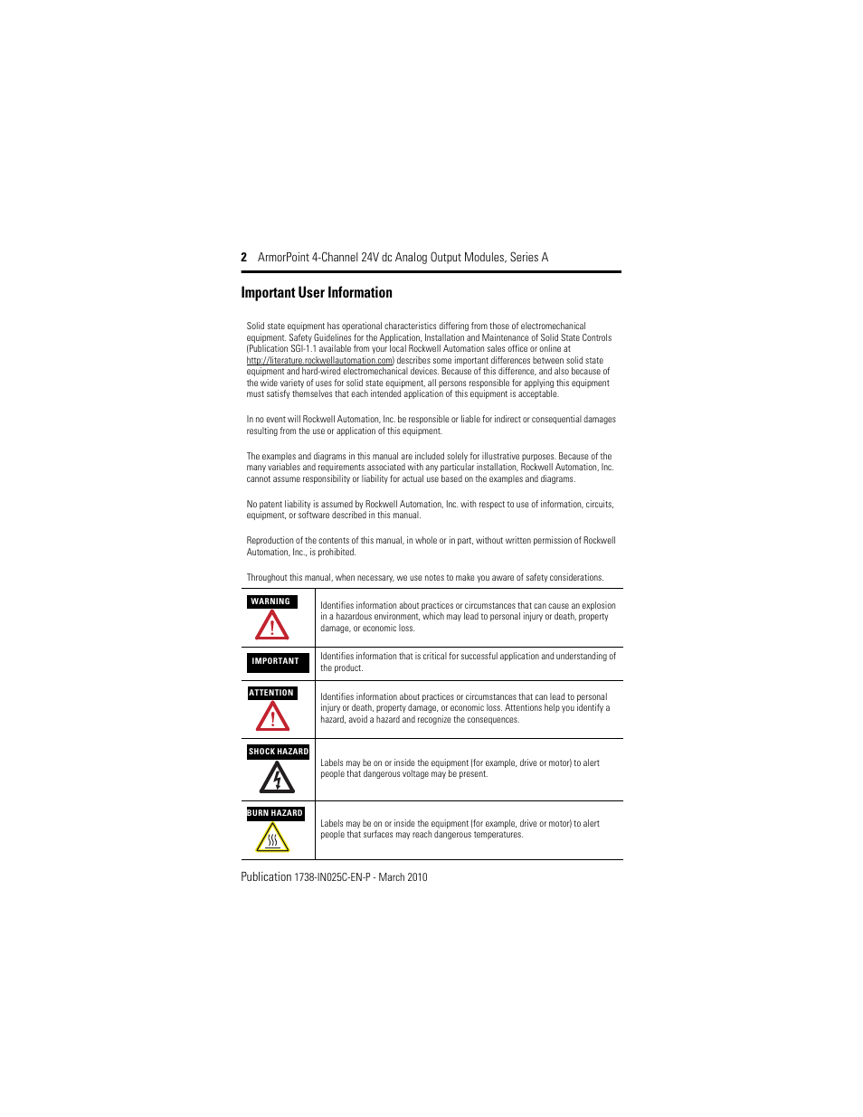 Important user information | Rockwell Automation 1738-OE4CM12 ArmorPoint 4-Channel 24V dc Analog Output Modules, Series A User Manual | Page 2 / 16