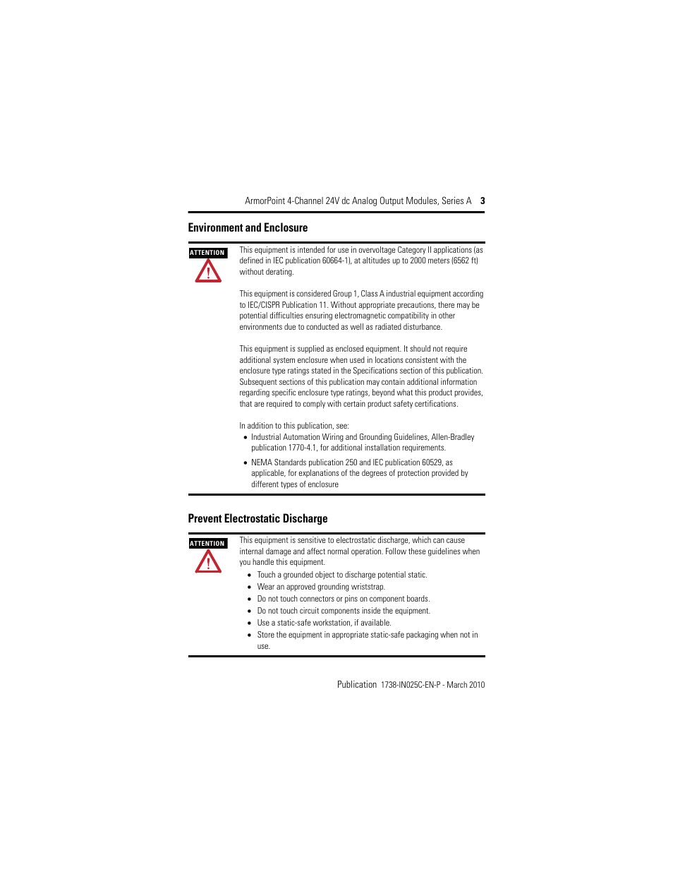 Environment and enclosure, Prevent electrostatic discharge | Rockwell Automation 1738-OE4CM12 ArmorPoint 4-Channel 24V dc Analog Output Modules, Series A User Manual | Page 3 / 16