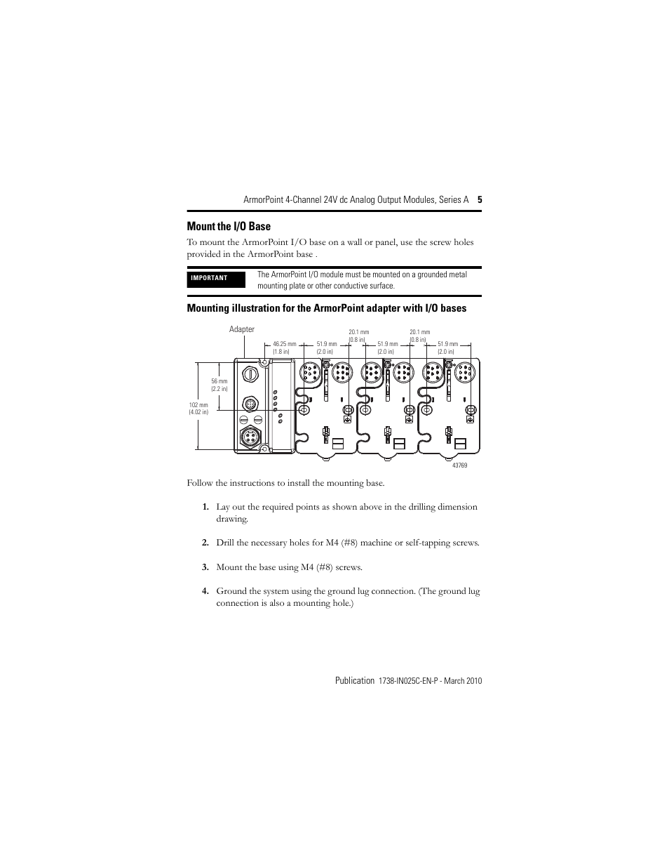 Mount the i/o base | Rockwell Automation 1738-OE4CM12 ArmorPoint 4-Channel 24V dc Analog Output Modules, Series A User Manual | Page 5 / 16