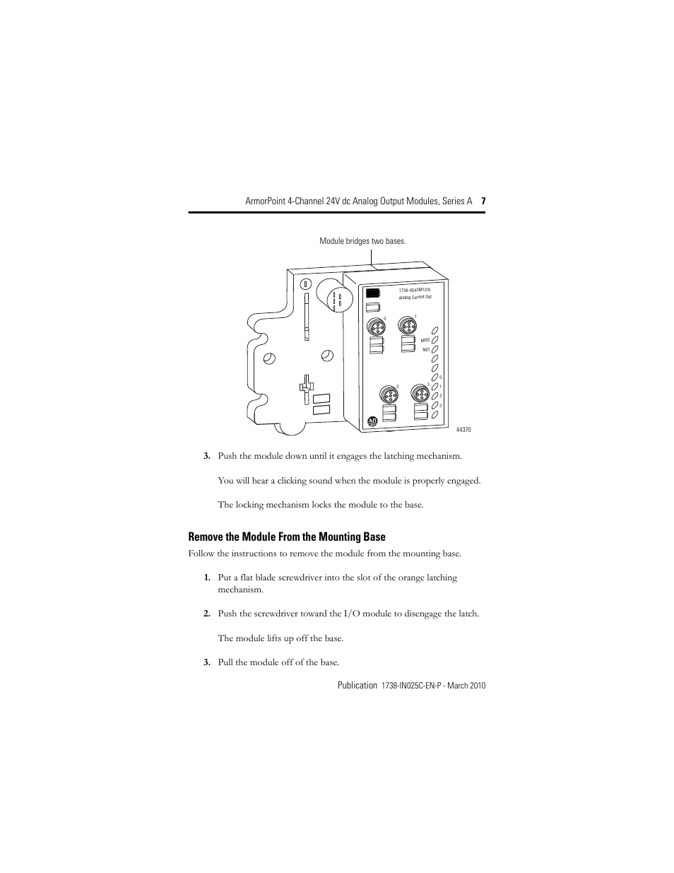 Remove the module from the mounting base | Rockwell Automation 1738-OE4CM12 ArmorPoint 4-Channel 24V dc Analog Output Modules, Series A User Manual | Page 7 / 16